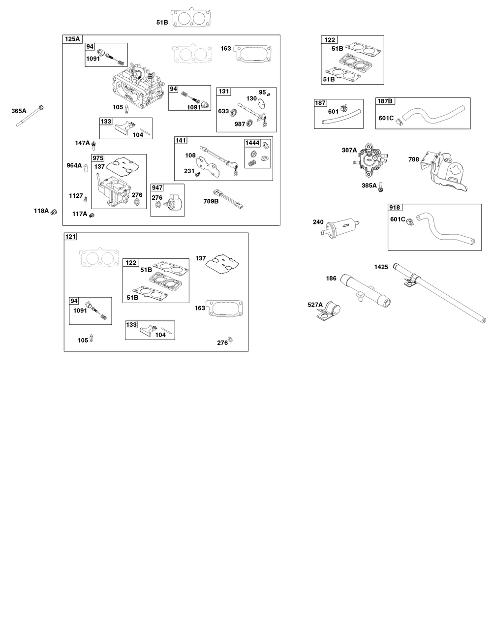 Carburetor And Fuel Supply Group Diagram and Parts List for 613477-0251-J1 400000 - 699999 Briggs and Stratton Engine